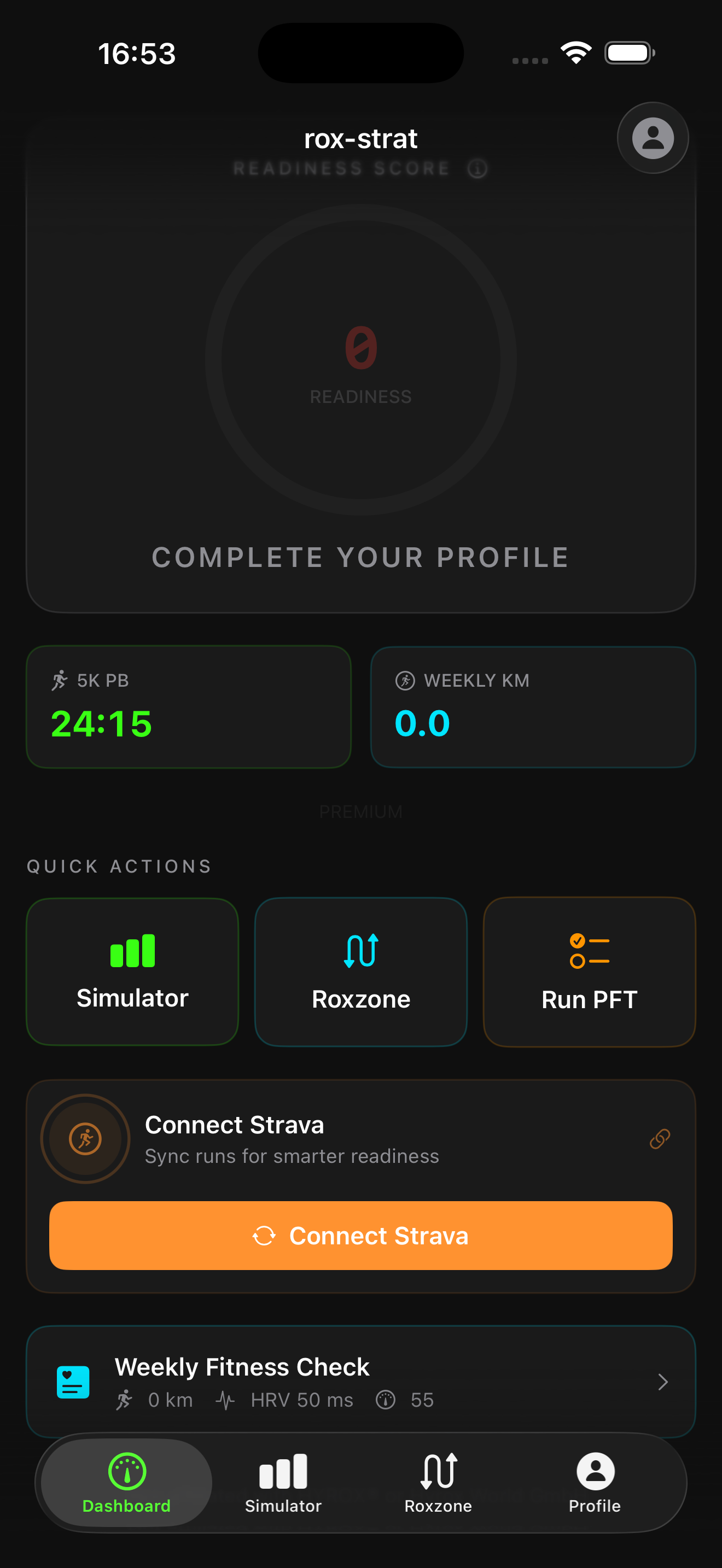 rox-strat dashboard showing readiness score, 5K PB, and quick actions