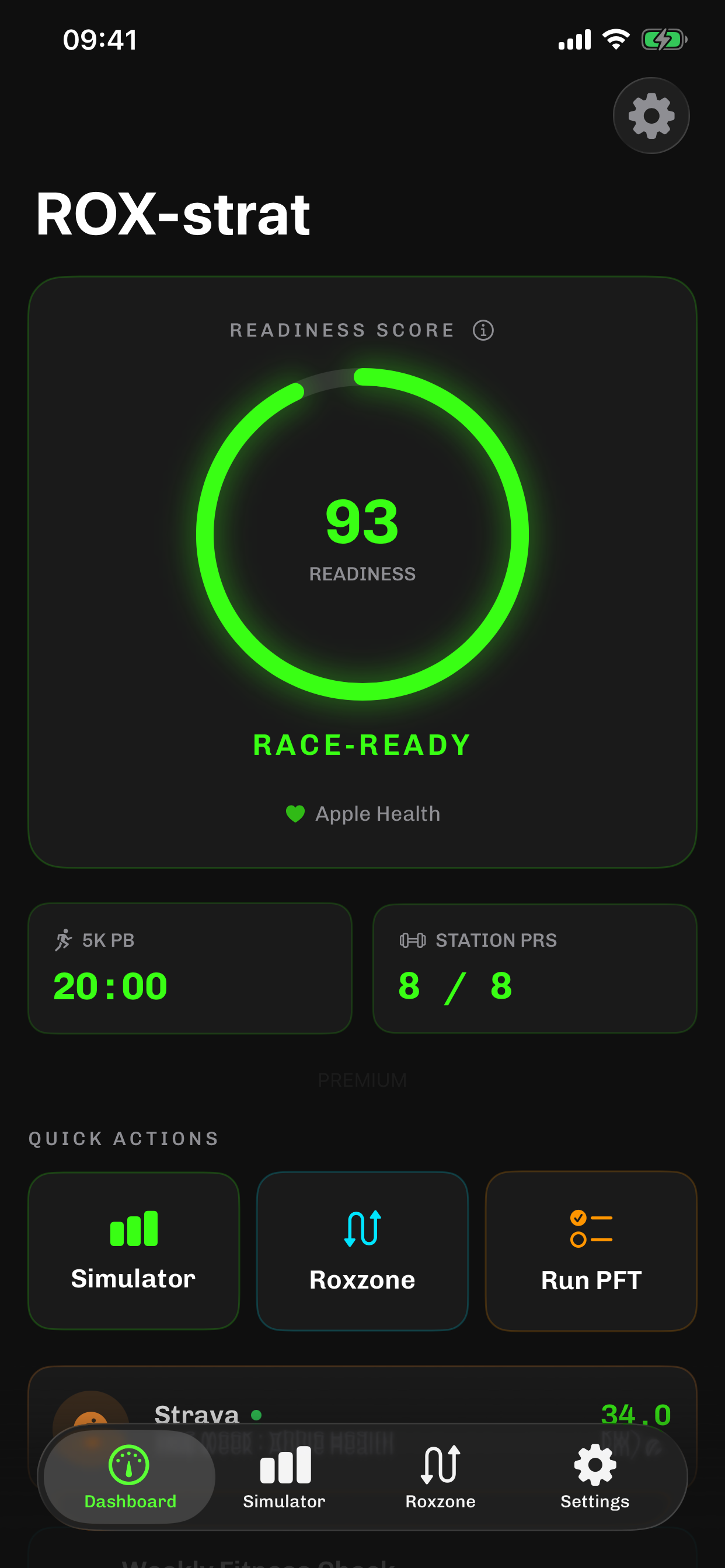 ROX-strat dashboard showing readiness score, 5K PB, and quick actions