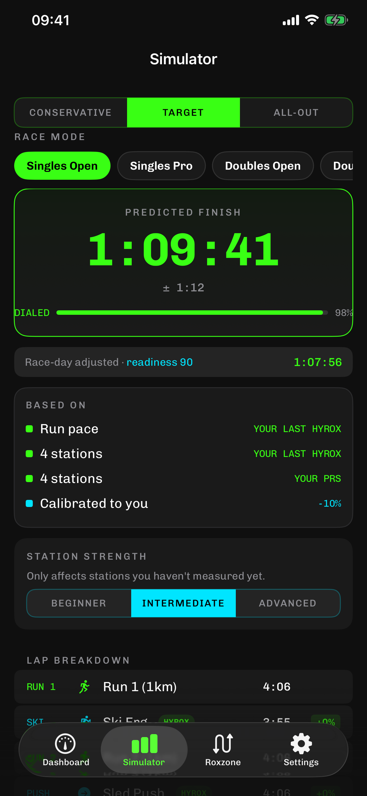 the ROX-strat simulator screen, listing every run and station of a hyrox race with a target split beside each one