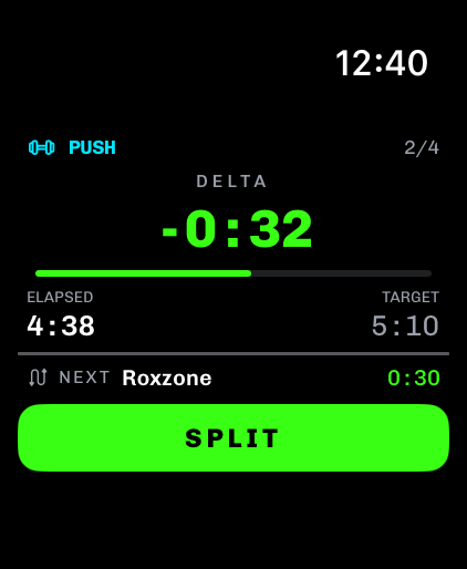 Apple Watch showing the live race ghost — current segment and how far ahead of plan you are